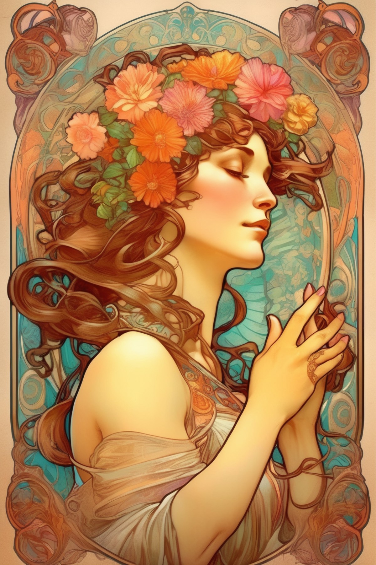<lora:Alphonse Mucha Style:1>Alphonse Mucha Style - make a picture that is full color for the cover of book in the style o...